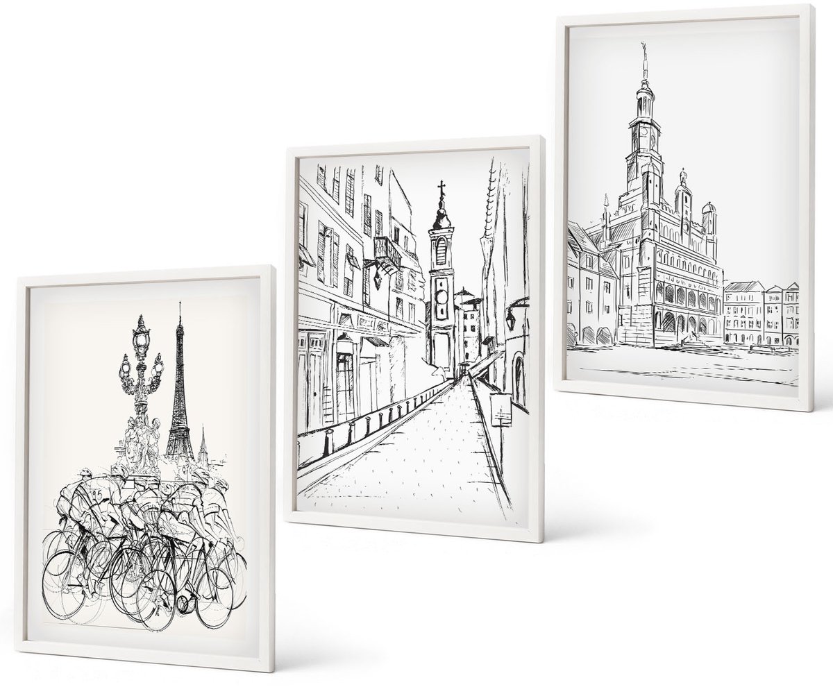 Coloray 3-Delige Schilderij Set - Eenvoudige Tekeningen Van Stadsgezichten - 40 x 60 - Muurdecoratie - Wanddecoratie - Slaapkamer - Interieur Decoratie