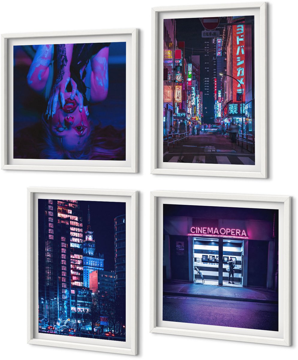 Coloray 4-Delige Schilderij Set - Nachtstad Met Neonlichten En Bioscoopingang - 40 x 40 En 40 x 60 - Moderne Wanddecoratie - Slaapkamer - Decoratieve Schilderijen