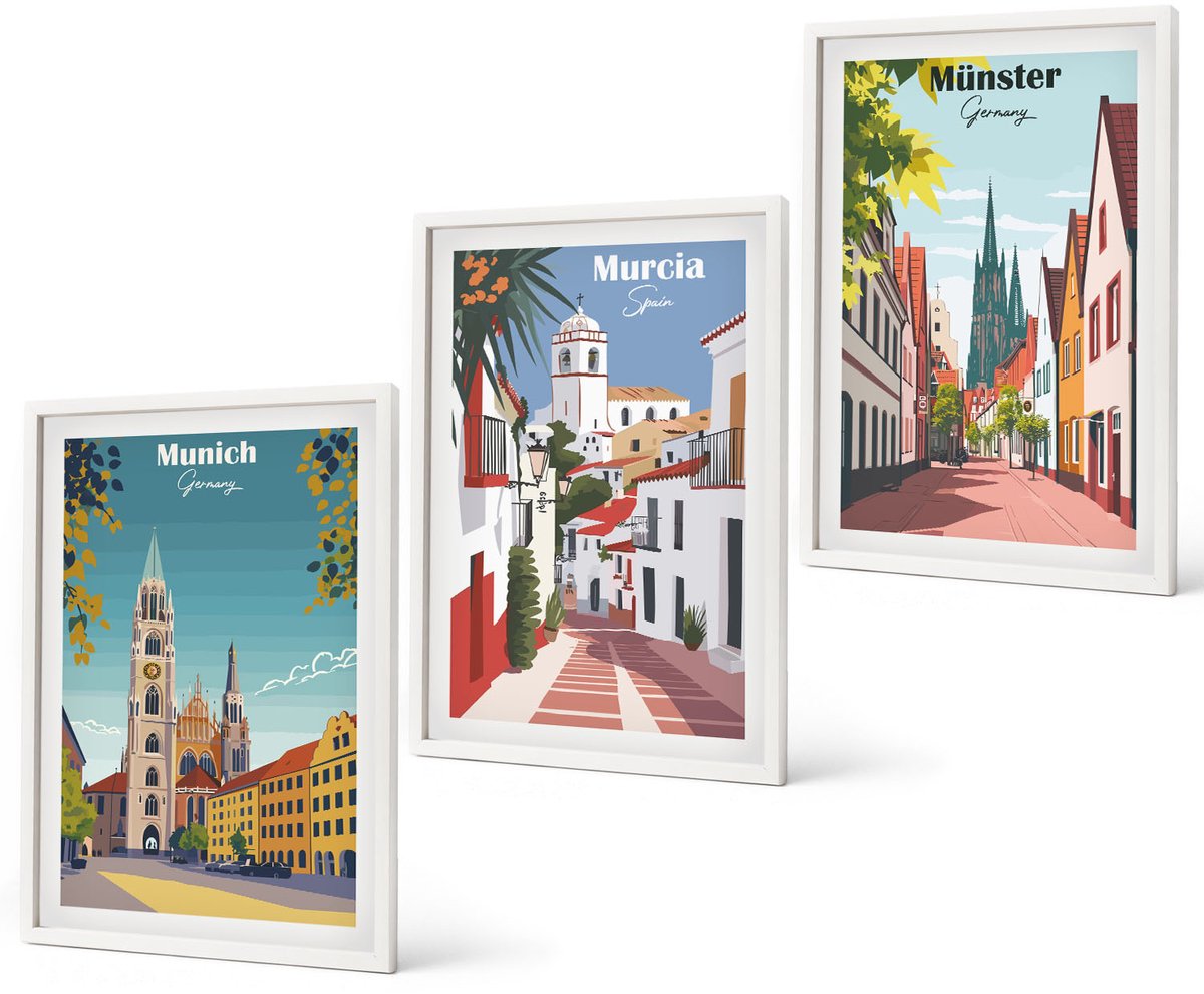 Coloray 3-Delige Schilderij Set - Europese Steden In Kleurrijke Illustraties - 40 x 60 - Decoratieve Schilderijen - Wanddecoratie - Hal - Moderne Wanddecoratie