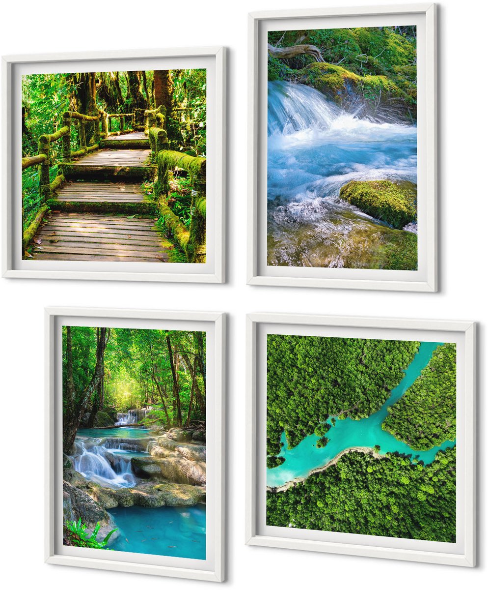 Coloray 4-Delige Schilderij Set - Groene Bossen En Kristalhelder Rivierwater - 40 x 40 En 40 x 60 - Decoratieve Schilderijen - Wanddecoratie - Hal - Moderne Wanddecoratie
