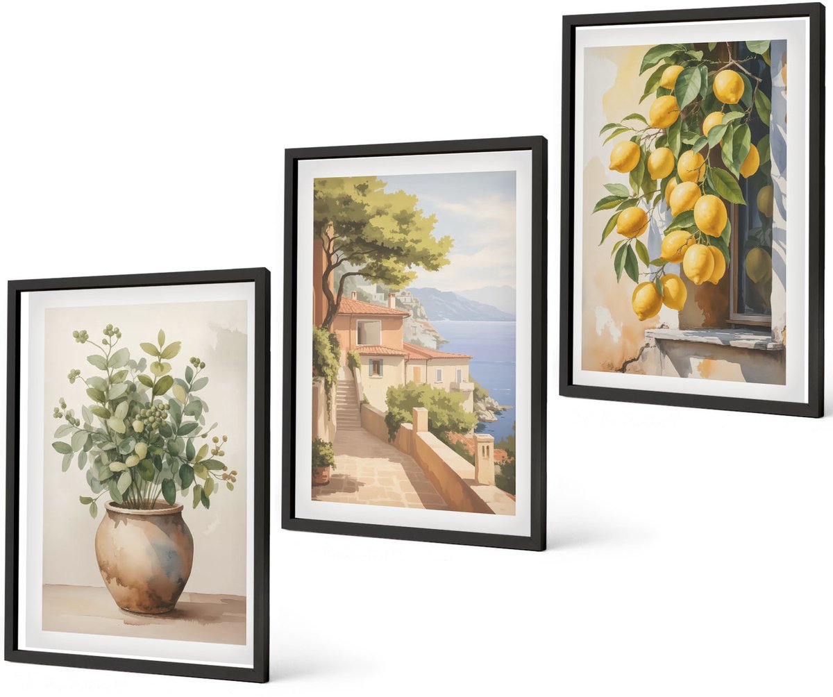 Coloray 3-Delige Schilderij Set - Bloemen In Een Vaas Met Uitzicht Op Zee En Citroenen - 40 x 60 cm - Stijlvolle Wanddecoratie - Interieur - Moderne Wanddecoratie
