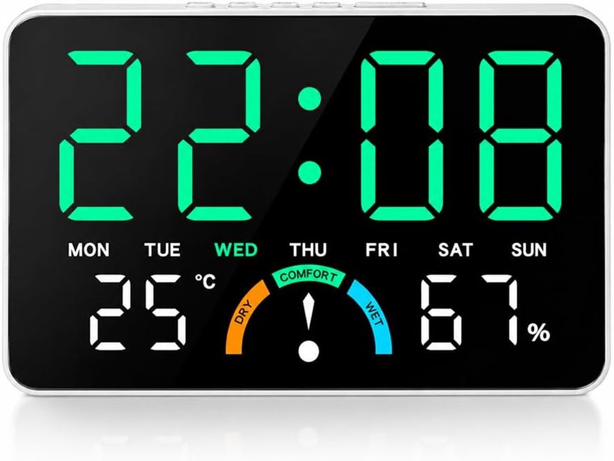 Digitale led-wandklok, digitale klok met display, digitale klok met alarm, temperatuur, datum, week, led-wandklok - ShopVlot