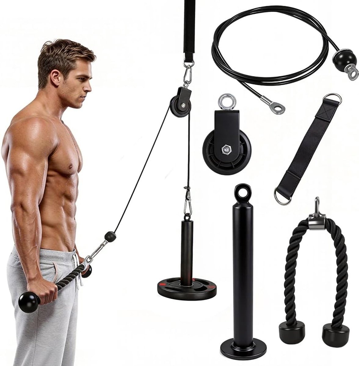 Kabeltrekkoord, fitness, met tricepstouw en rechte stang, kabeltrekkoord, DIY Pulley System, gym kabelsysteem - ShopVlot