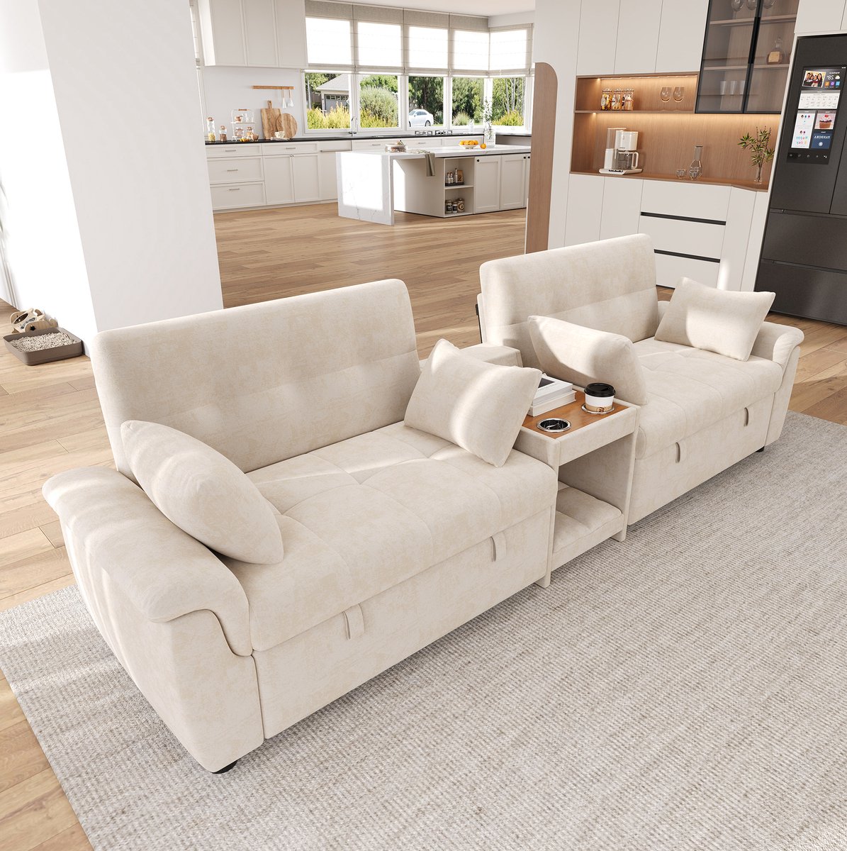 DESMIU U-Bank 284 x 138 x 89 cm - Uittrekbare Slaapbank Met 2 Slaapmodules En Verstelbare Rugleuning - Voor Woonkamer - Chenille Beige