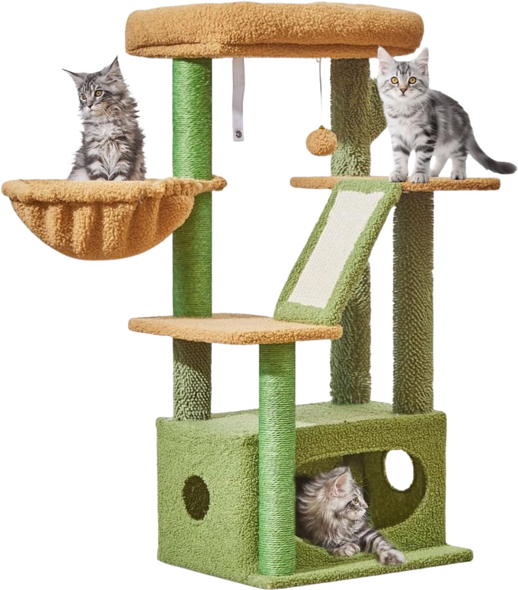 Verte - Krabpal - Krabpaal - 4 Krabpalen - Platform - Grot & Mand – Pluche Ballen & Krabplank – Groen - 98 CM