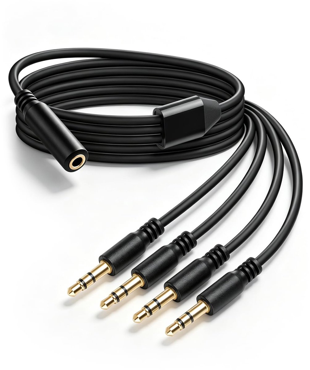 Audio splitterkabel 3,5 mm – stereo-kabel Y 1/8 inch TRS, 3,5 mm bus naar 4 x mannelijke jackstekker, 1 m – voor - ShopVlot