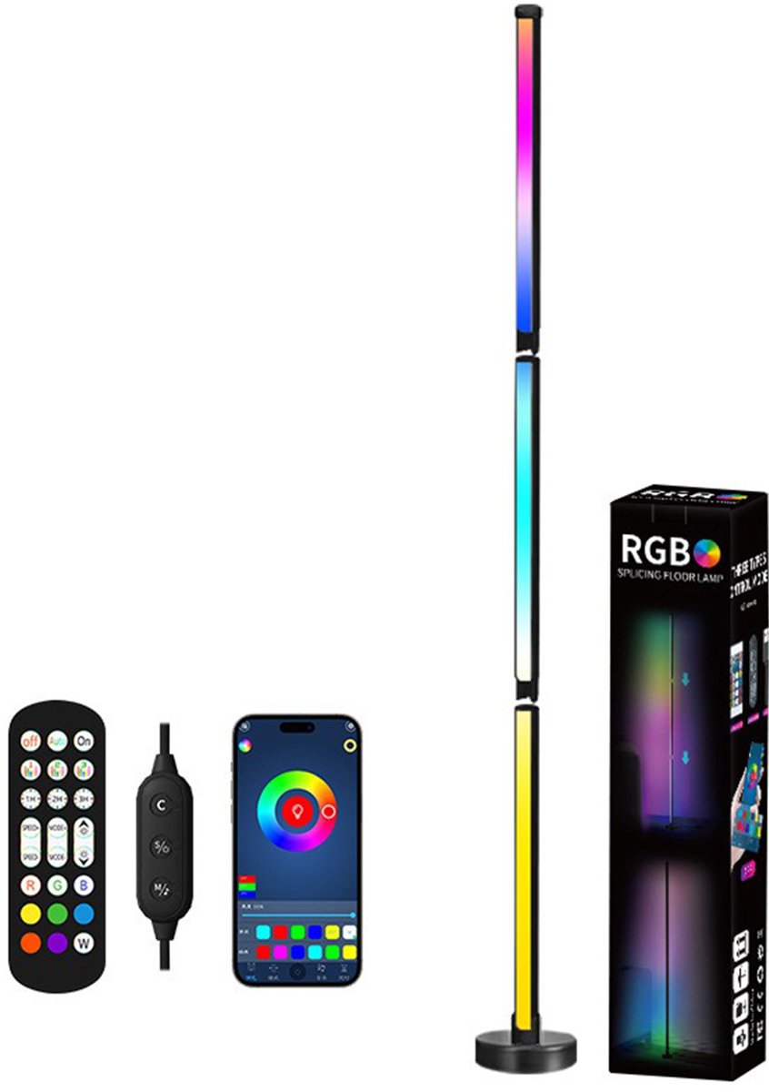 LED-vloerlamp – RGB-sfeerverlichting – Vloerlamp voor 's nachts – Decoratieve verlichting – Sfeerverlichting – Gaming-sfeerverlichting – met kleurverandering en afstandsbediening – 120 cm – 10 watt – Ronde voet – Zwart
