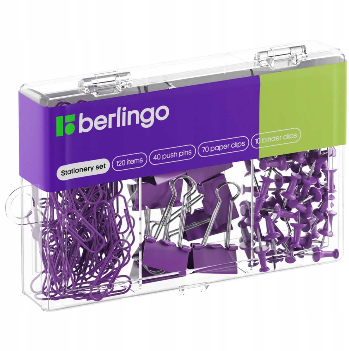 Kantoor Set: 70 Paperclips, 40 Punaises, 10 Clips - Paars