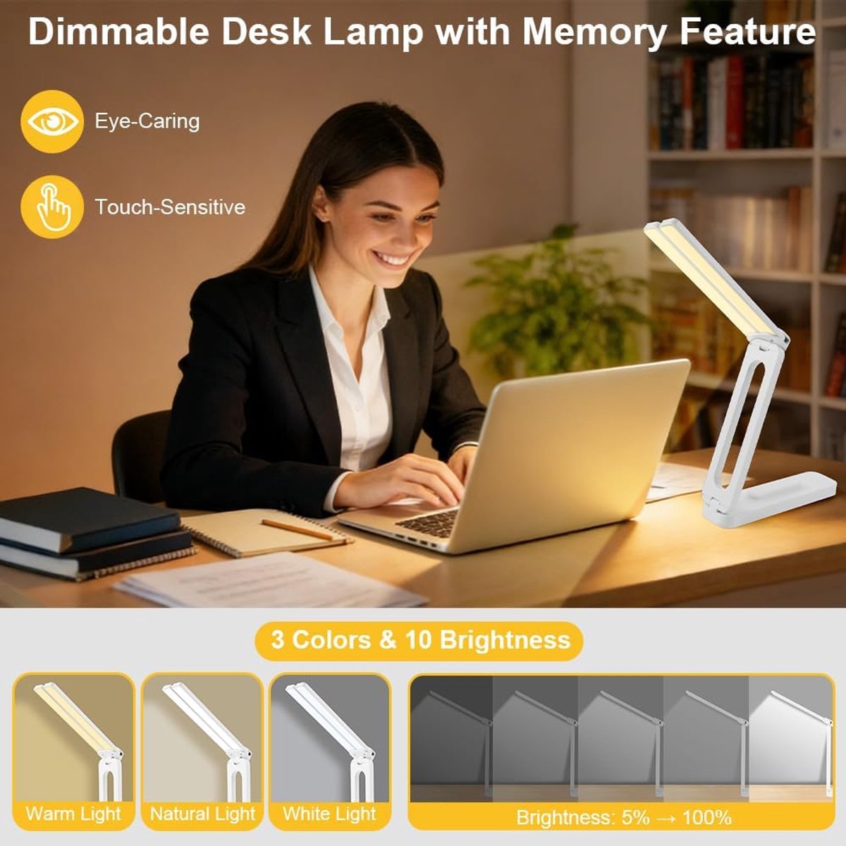 Bureaulamp -bureaulamp led dimbaar-bureaulamp kind- Opvouwbare studielamp met USB-oplaadpoort - Draaibare LED-bureaulamp met dubbele arm - Draagbare nachtlamp met drie kleurstanden - Voor lezen, knutselen, werken en studeren - Wit - 20,5 cm — cadeau in Gadgets - foto 3