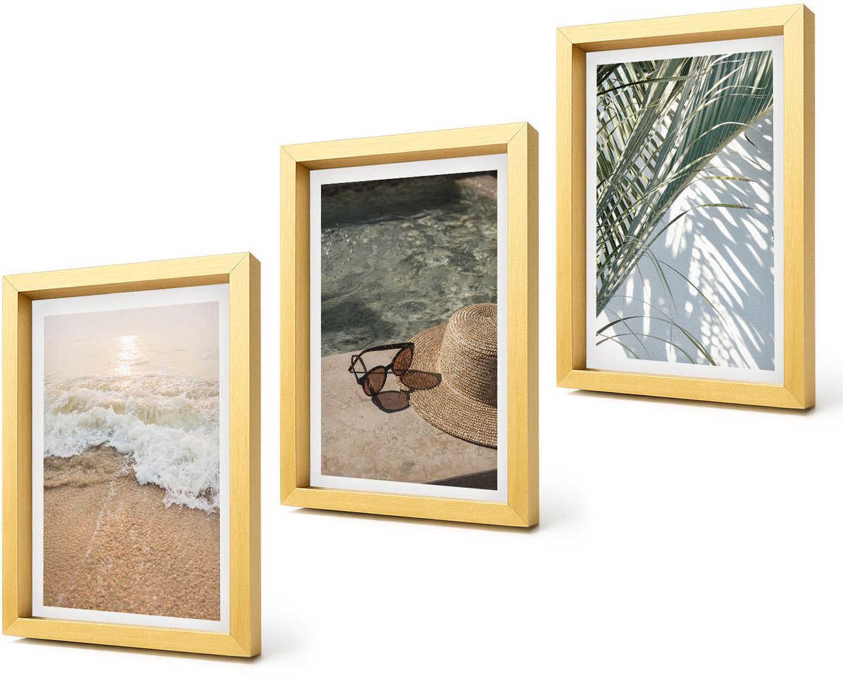 Coloray 4-Delige Schilderij Set - Water Strandhoed en zonnebril Bladeren - 20 x 30 cm - Wanddecoratie - Muurdecoratie - Woonkamer - Moderne Wanddecoratie
