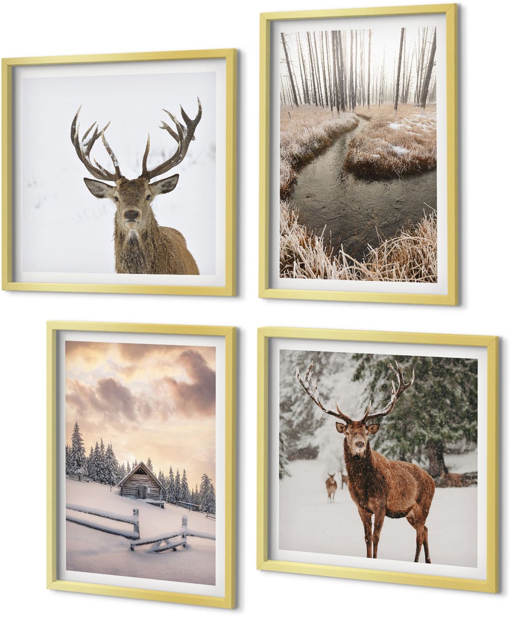 Coloray 4-Delige Schilderij Set - Winterlandschap met hertenhut en beekje - 40 x 40 cm en 40 x 60 cm - Wanddecoratie - Woonkamer Decoratie