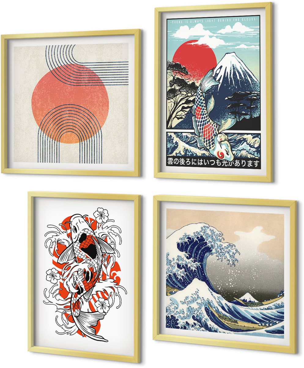 Coloray 4-Delige Schilderij Set - Illustraties van de Visbergen en de Grote Golf voor de kust van Kanagawa in Japanse stijl. - 40 x 40 cm en 40 x 60 cm - Wanddecoratie - Schilderijen Set - Interieur - Decoratieve Schilderijen