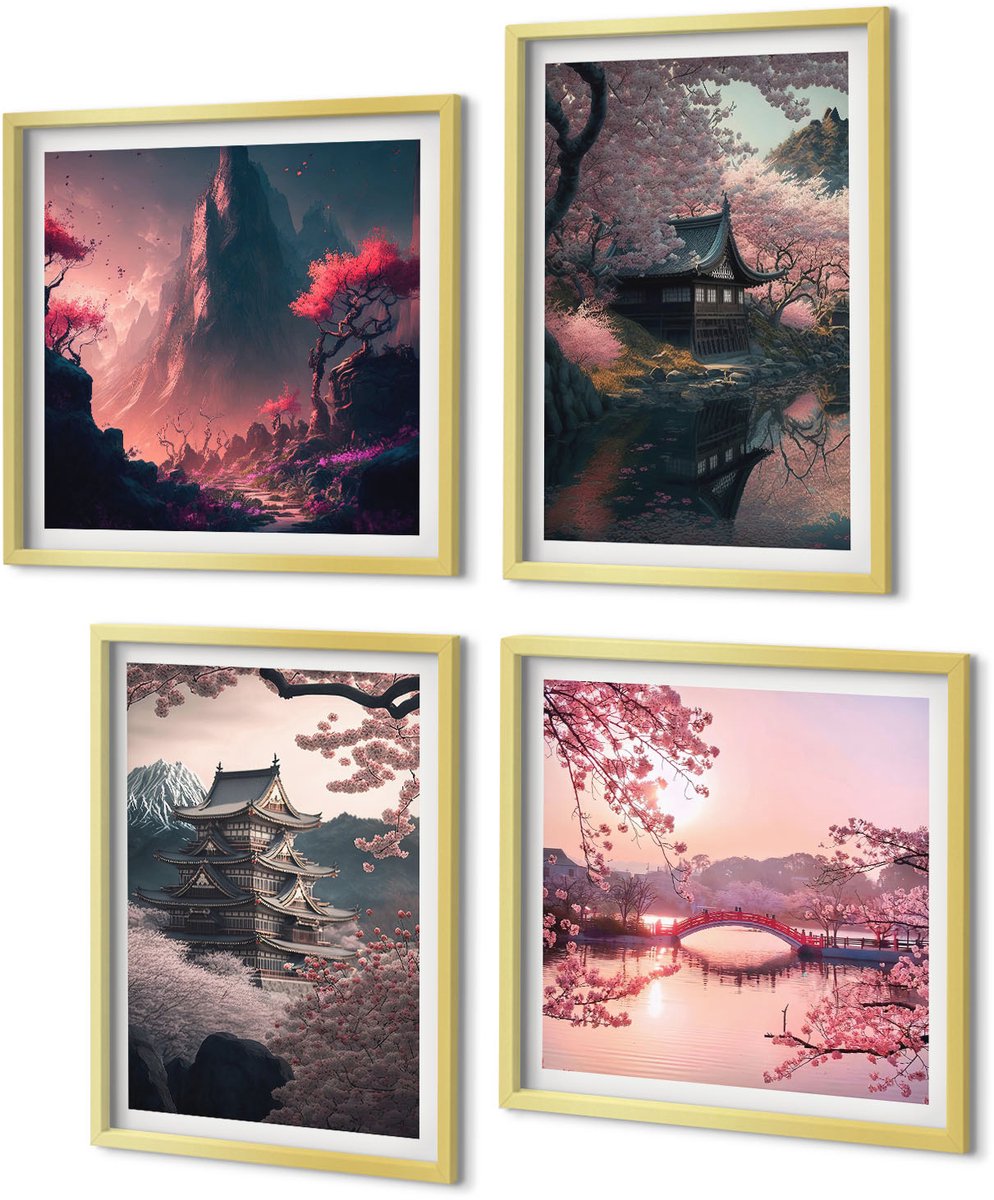Coloray 4-Delige Schilderij Set - Fantasielandschappen van Japan Berglandschappen - 40 x 40 cm en 40 x 60 cm - Wanddecoratie - Schilderijen Set - Kantoor - Moderne Wanddecoratie