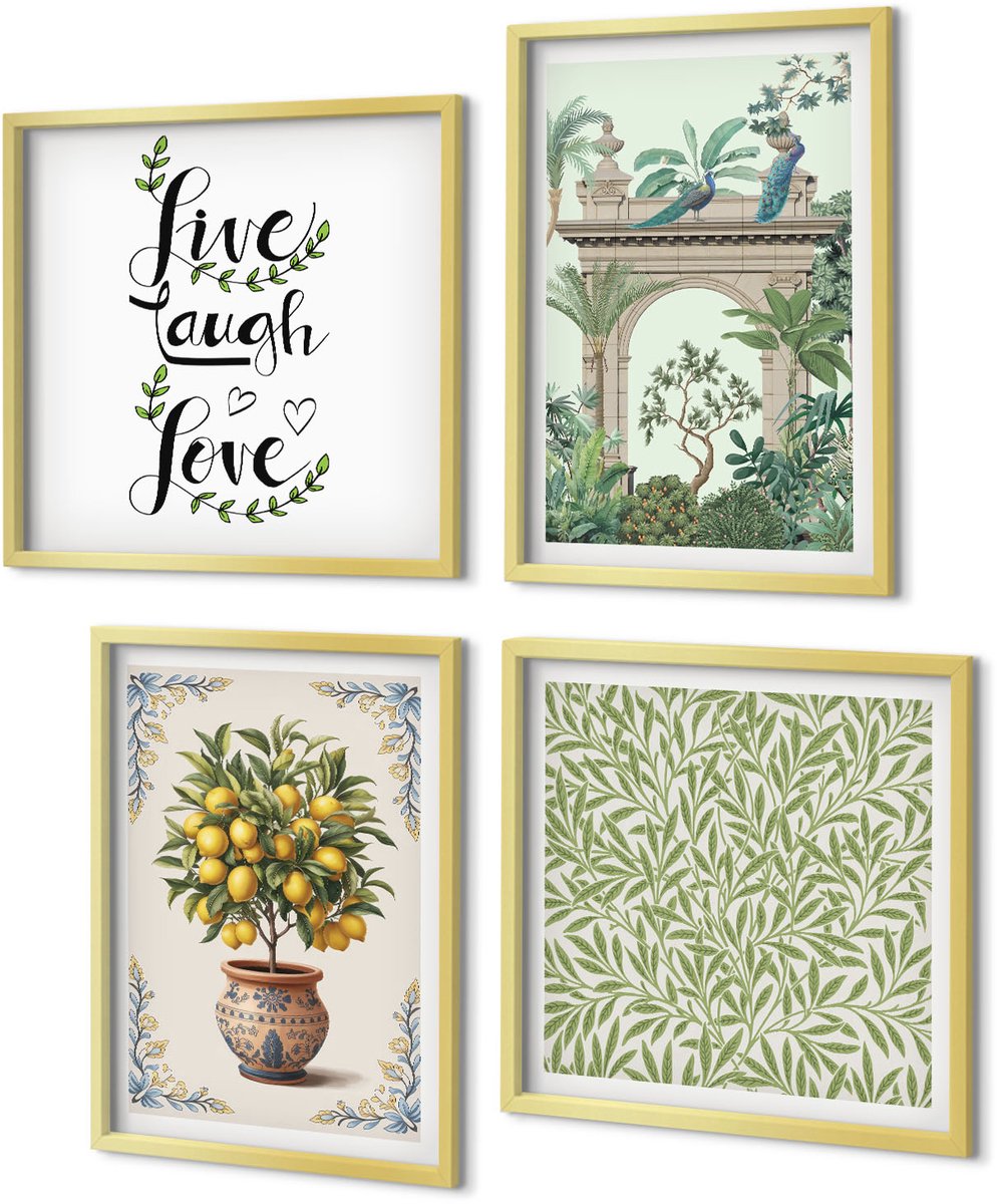 Coloray 4-Delige Schilderij Set - Groene bladeren, letters en exotische planten, citroenboom - 40 x 40 cm en 40 x 60 cm - Decoratieve Schilderijen - Woonkamer - Interieur - Woonkamer Decoratie