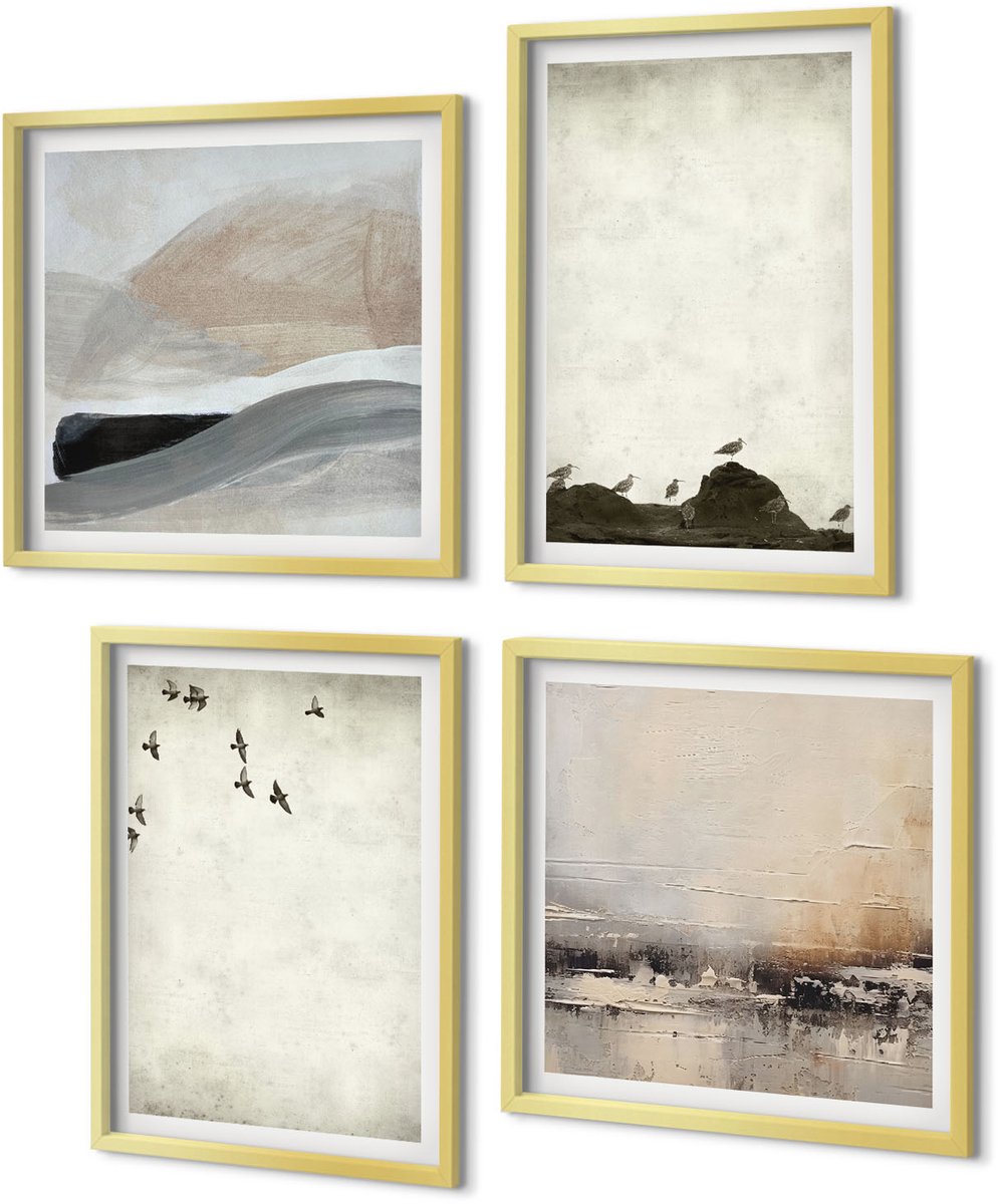 Coloray 4-Delige Schilderij Set - Vogels, rotsen en penseelstreken: minimalistische decoraties - 40 x 40 cm en 40 x 60 cm - Stijlvolle Wanddecoratie - Interieur