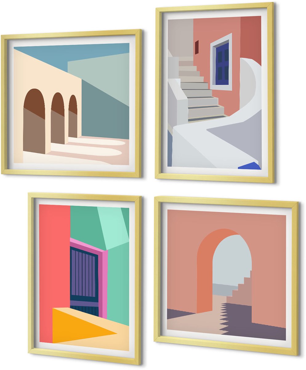 Coloray 4-Delige Schilderij Set - Kleurrijke illustraties van gebouwen in een moderne stijl. - 40 x 40 cm en 40 x 60 cm - Stijlvolle Wanddecoratie - Interieur - Muurdecoratie
