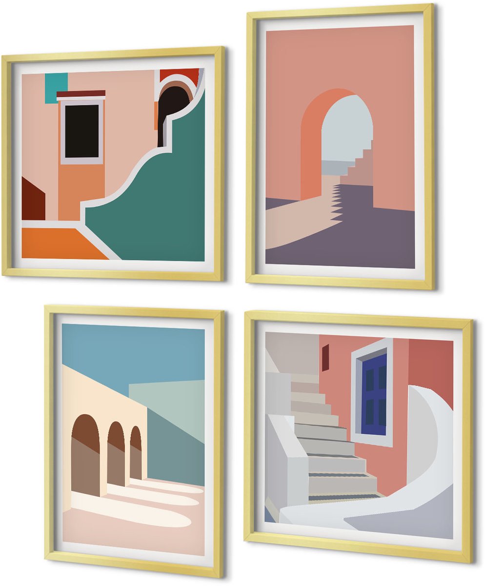Coloray 4-Delige Schilderij Set - Pastel minimalistische stedelijke architectuurafbeeldingen - 40 x 40 cm en 40 x 60 cm - Stijlvolle Muurdecoratie - Slaapkamer - Interieur Decoratie