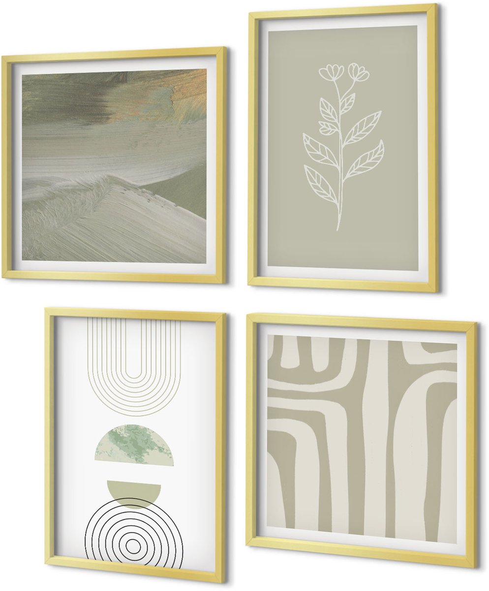Coloray 4-Delige Schilderij Set - Geometrische patronen met plantenaccenten in groene tinten. - 40 x 40 cm en 40 x 60 cm - Wanddecoratie - Woonkamer Decoratie - Stijlvolle Muurdecoratie
