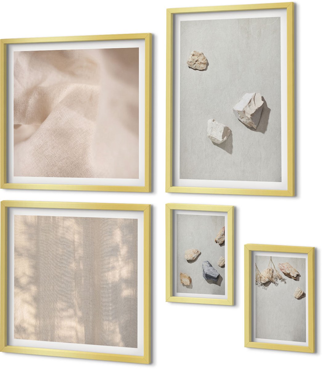 Coloray 5-Delige Schilderij Set - Boho Strandstenen Minimalistische Decoraties - 50 x 50 cm, 20 x 30 cm En 40 x 60 cm - Wanddecoratie - Moderne Interieurdecoratie - Moderne Wanddecoratie