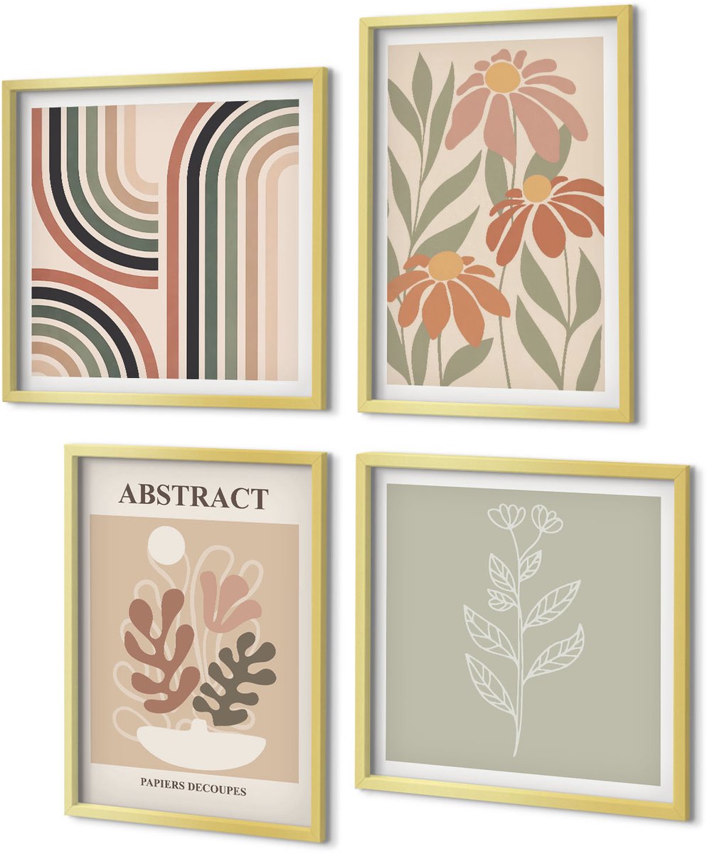 Coloray 4-Delige Schilderij Set - Abstracte planten en patronen in pastelkleuren - 40 x 40 cm en 40 x 60 cm - Wanddecoratie - Schilderijen Set - Interieur - Woonkamer Decoratie