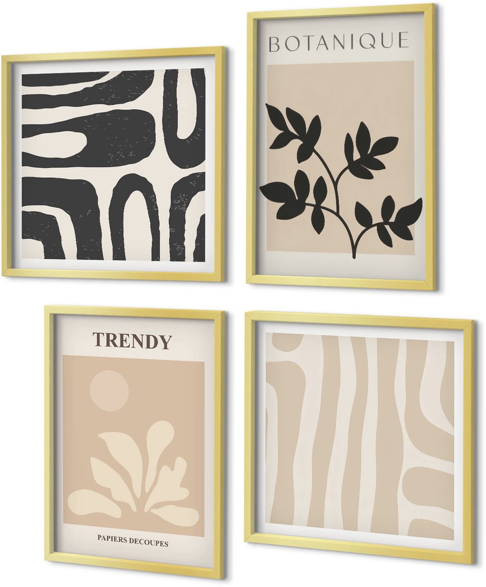 Coloray 4-Delige Schilderij Set - Stijlvolle plantenpatronen in beige en zwarte tinten. - 40 x 40 cm en 40 x 60 cm - Moderne Wanddecoratie - Slaapkamer - Muurdecoratie