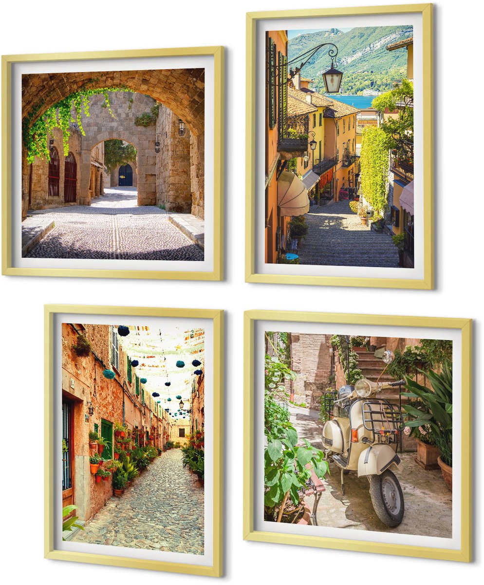 Coloray 4-Delige Schilderij Set - Sfeervolle straatjes met planten en Italiaanse pizza - 40 x 40 cm en 40 x 60 cm - Muurdecoratie - Wanddecoratie - Slaapkamer