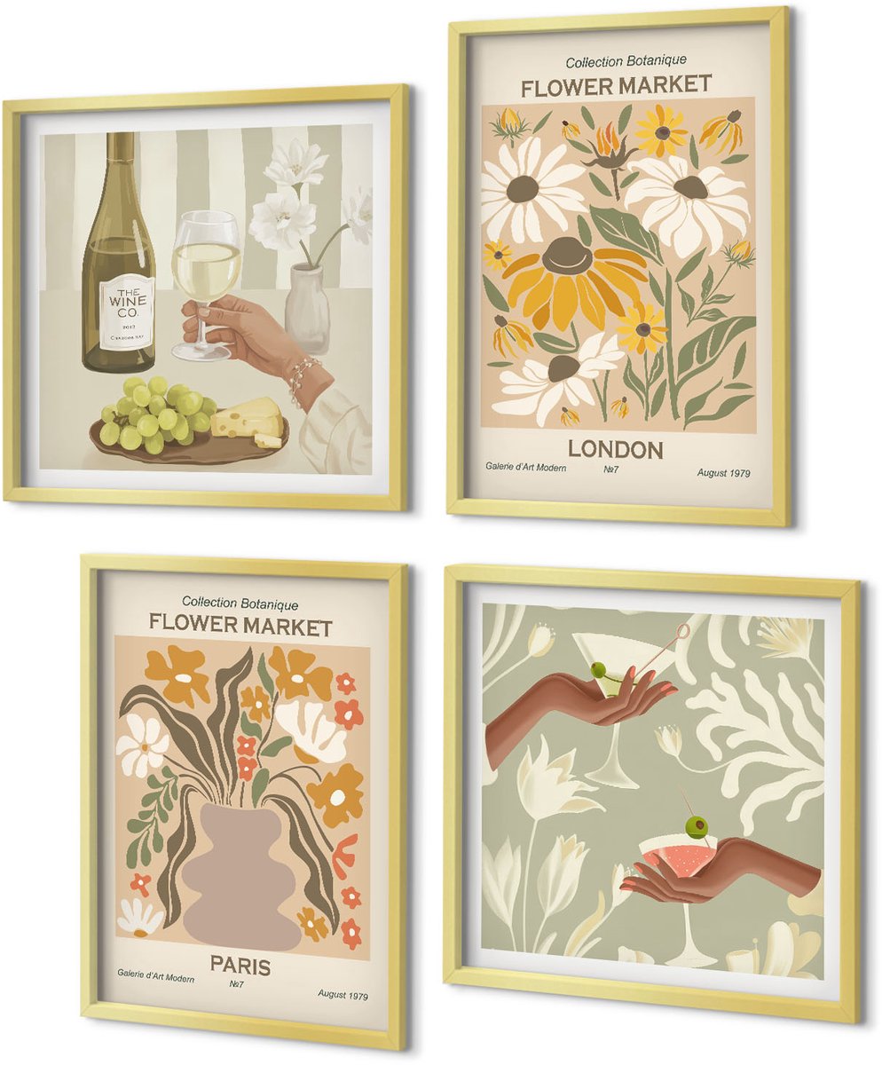 Coloray 4-Delige Schilderij Set - Bloemenpatronen uit Amsterdam, Parijs en Londen - 40 x 40 cm en 40 x 60 cm - Wanddecoratie - Schilderijen Set - Interieur - Woonkamer Decoratie