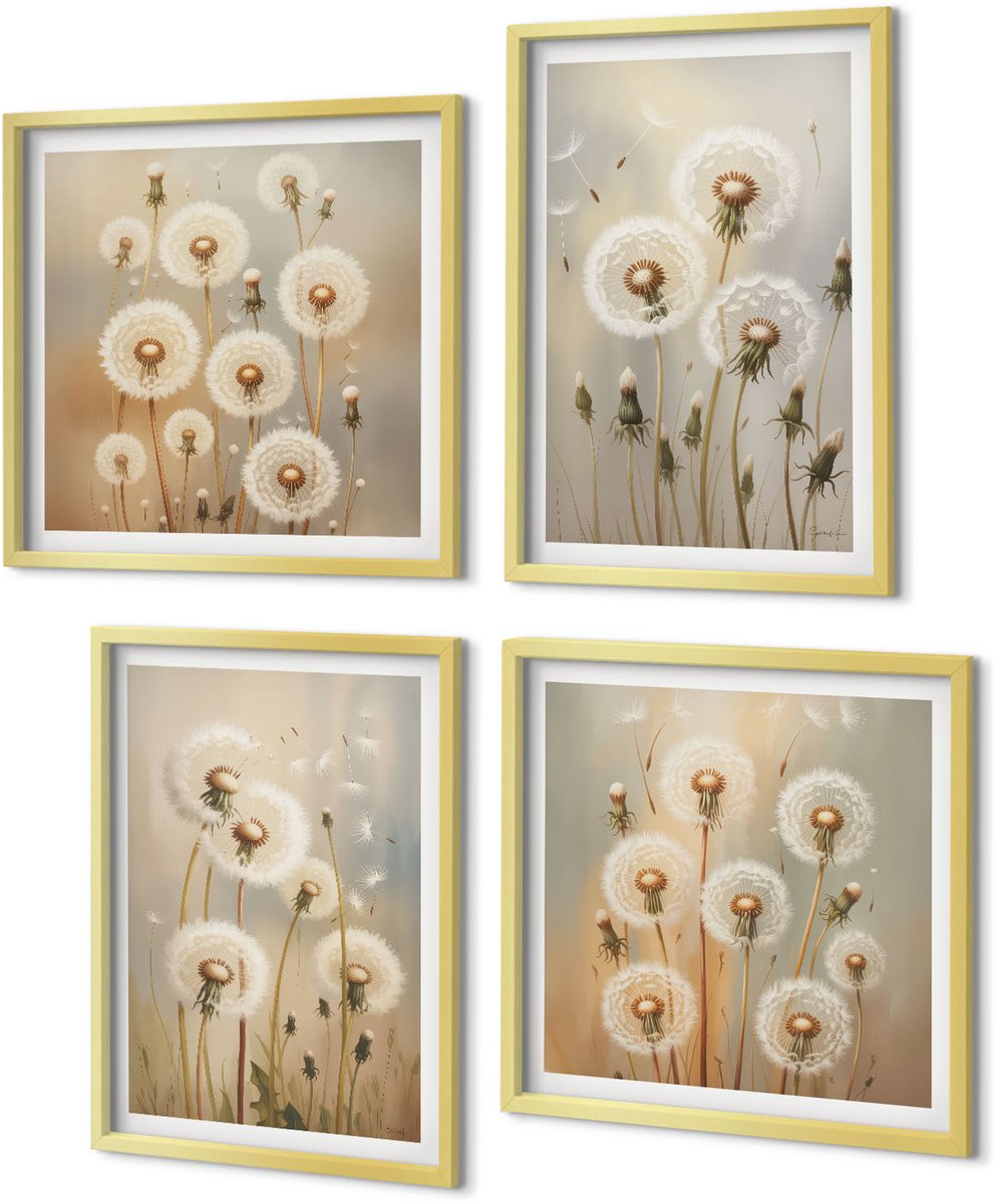 Coloray 4-Delige Schilderij Set - Witte paardenbloemen op een achtergrond van lichte kleuren. - 40 x 40 cm en 40 x 60 cm - Moderne Wanddecoratie - Woonkamer - Muurdecoratie
