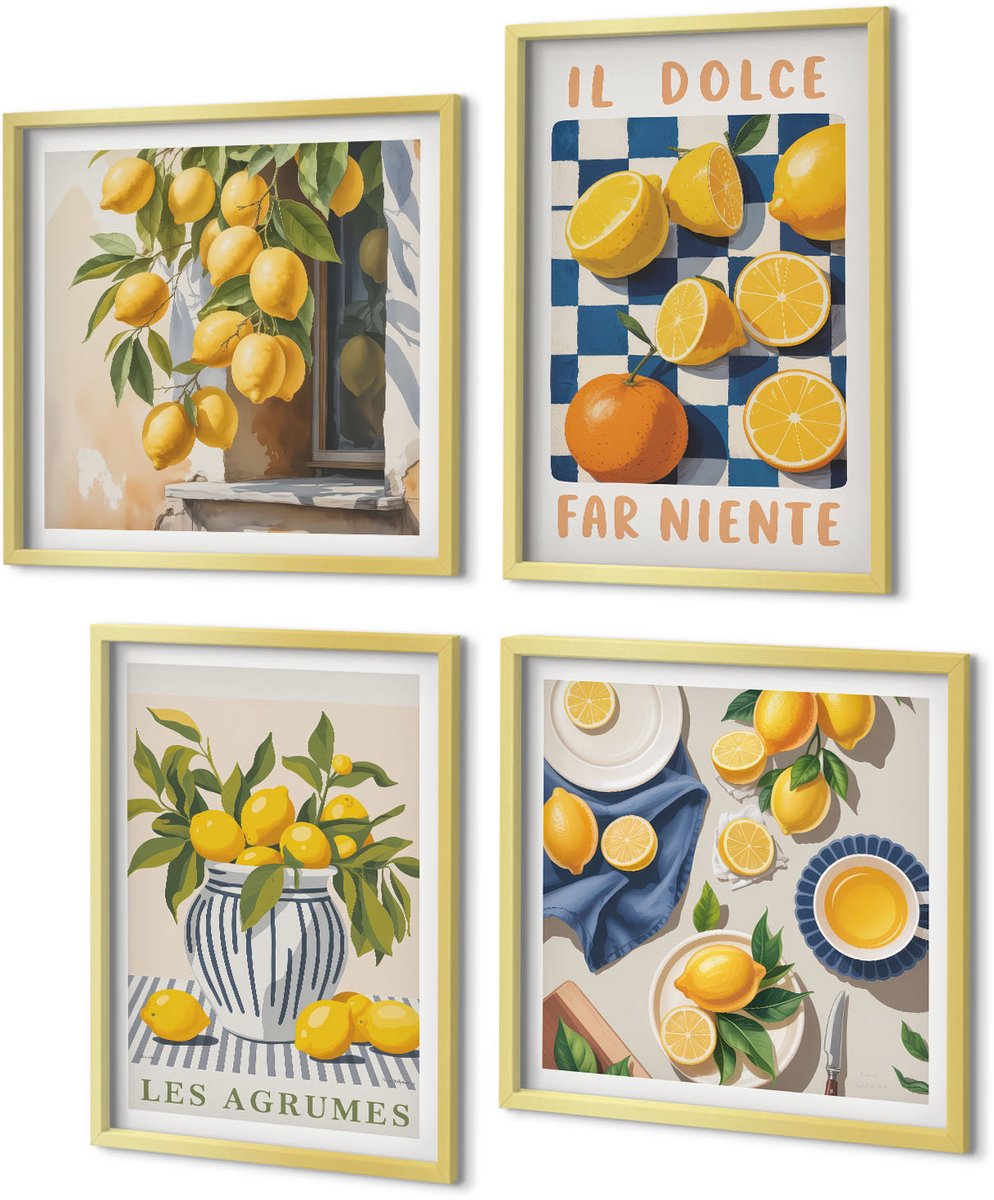 Coloray 4-Delige Schilderij Set - Retro citrusvruchten met gele accenten - 40 x 40 cm en 40 x 60 cm - Stijlvolle Muurdecoratie - Slaapkamer - Decoratieve Schilderijen