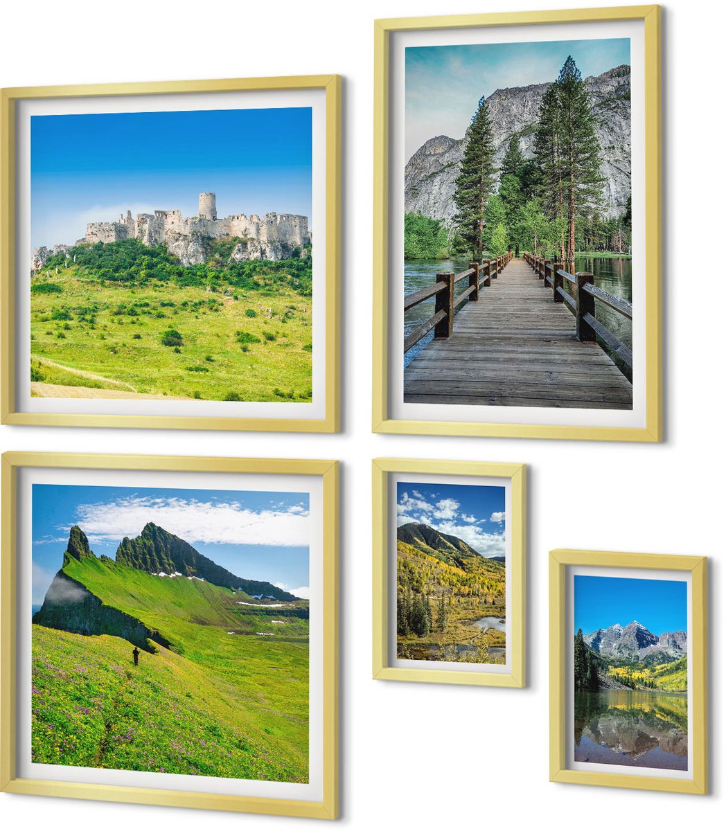 Coloray 5-Delige Schilderij Set - Natuurlijke Berglandschappen Met Watervallen En Bossen - 50 x 50 cm, 20 x 30 cm En 40 x 60 cm - Muurdecoratie - Interieur Decoratie - Decoratieve Schilderijen