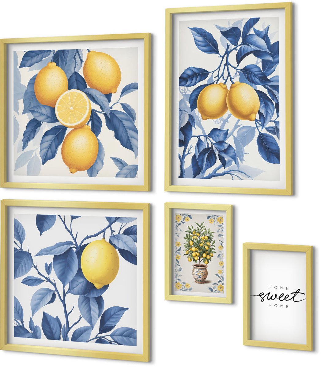 Coloray 5-Delige Schilderij Set - Citroenaccenten In Rustieke Stijl Voor Interieurs - 50 x 50 cm, 20 x 30 cm En 40 x 60 cm - Wanddecoratie - Woonkamer Decoratie - Stijlvolle Muurdecoratie