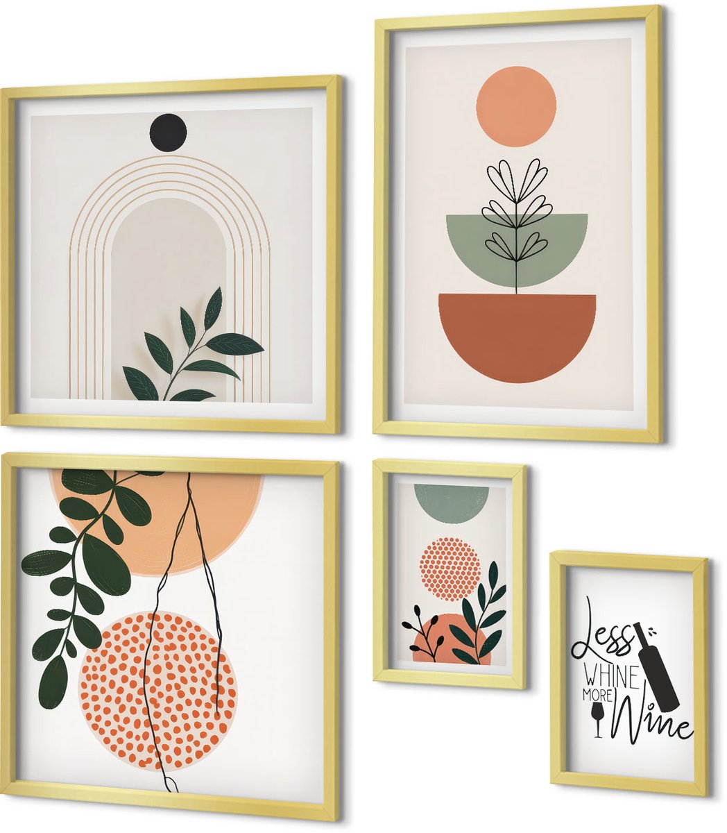 Coloray 5-Delige Schilderij Set - Stijlvolle Decoraties Met Plantmotieven En Slogans - 50 x 50 cm, 20 x 30 cm En 40 x 60 cm - Wanddecoratie - Moderne Interieurdecoratie
