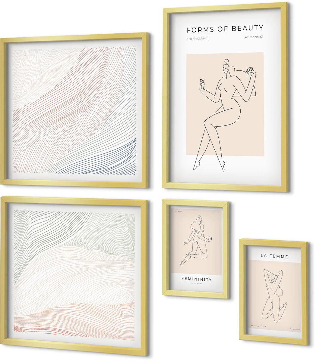 Coloray 5-Delige Schilderij Set - Prachtige Vormen, Lijnen En Silhouetten In Een Minimalistische Stijl. - 50 x 50 cm, 20 x 30 cm En 40 x 60 cm - Wanddecoratie - Moderne Interieurdecoratie