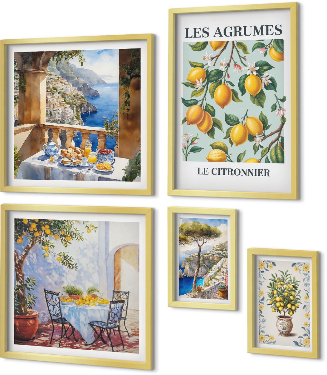 Coloray 5-Delige Schilderij Set - Citrusinspiratie In Provençaalse En Mediterrane Stijl - 50 x 50 cm, 20 x 30 cm En 40 x 60 cm - Muurdecoratie - Schilderijen Set - Woonkamer - Moderne Wanddecoratie