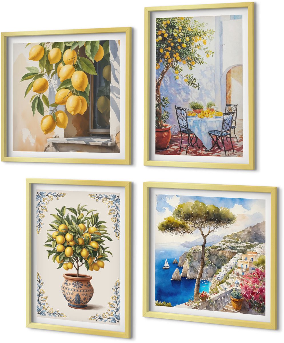 Coloray 4-Delige Schilderij Set - Citroenbomen en -fruit in een zonnig landschap - 40 x 40 cm en 40 x 60 cm - Stijlvolle Wanddecoratie - Interieur - Muurdecoratie