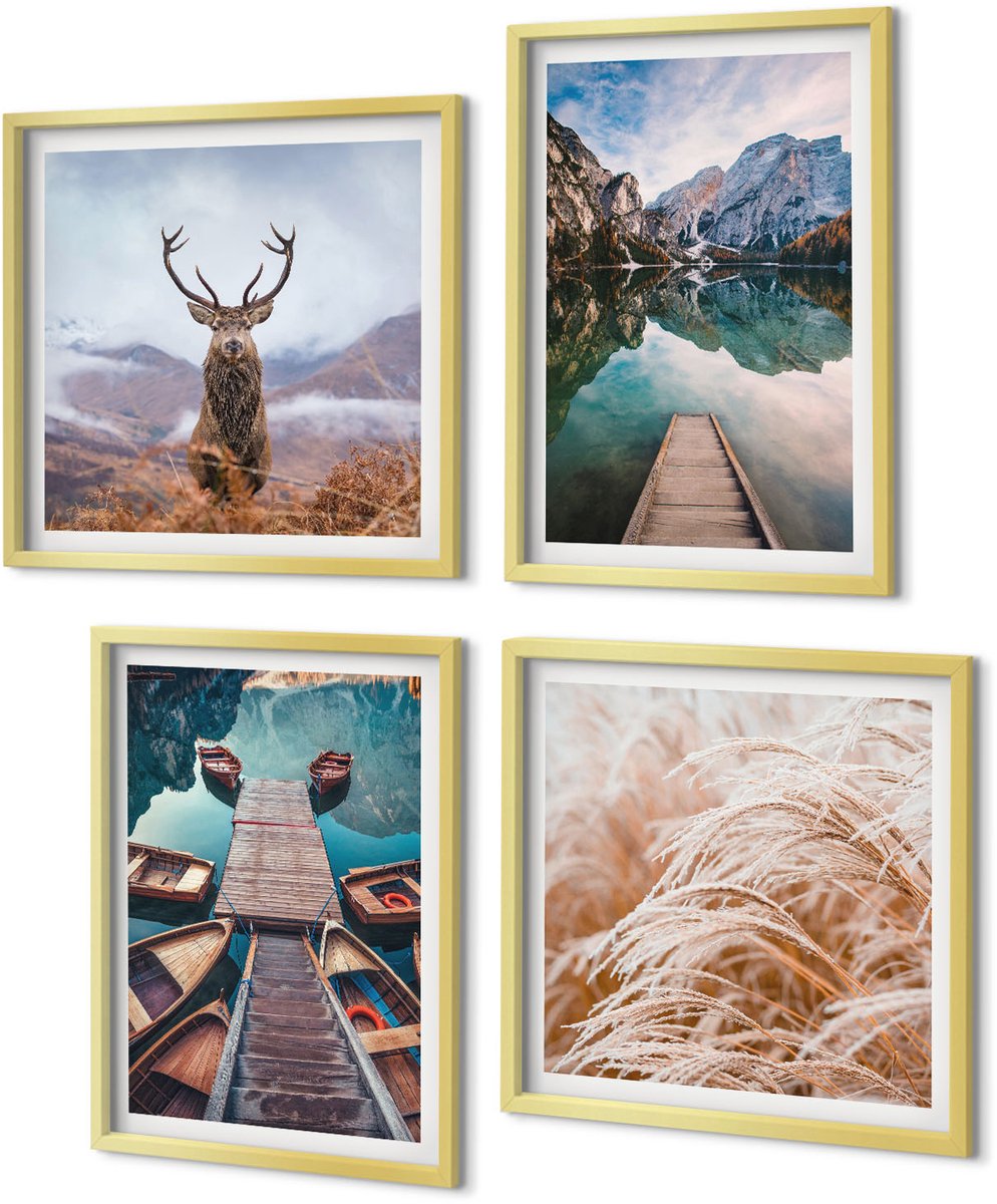 Coloray 4-Delige Schilderij Set - Meer met boten, herten en berglandschap - 40 x 40 cm en 40 x 60 cm - Muurdecoratie - Wanddecoratie - Hal - Woonkamer Decoratie
