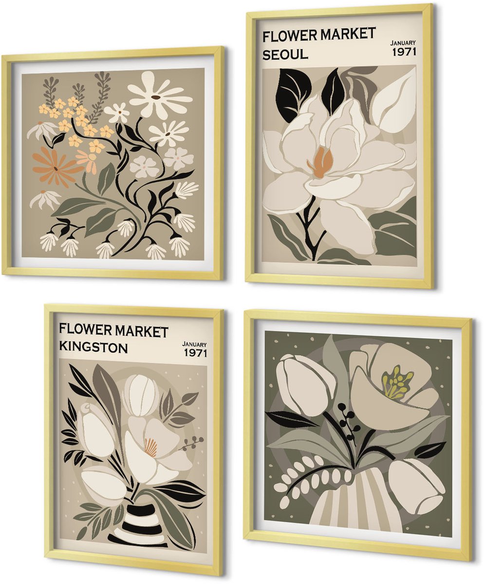 Coloray 4-Delige Schilderij Set - Kingston Seoul Bloemen Retro Stijl Illustraties - 40 x 40 cm en 40 x 60 cm - Muurdecoratie - Interieur Decoratie - Wanddecoratie