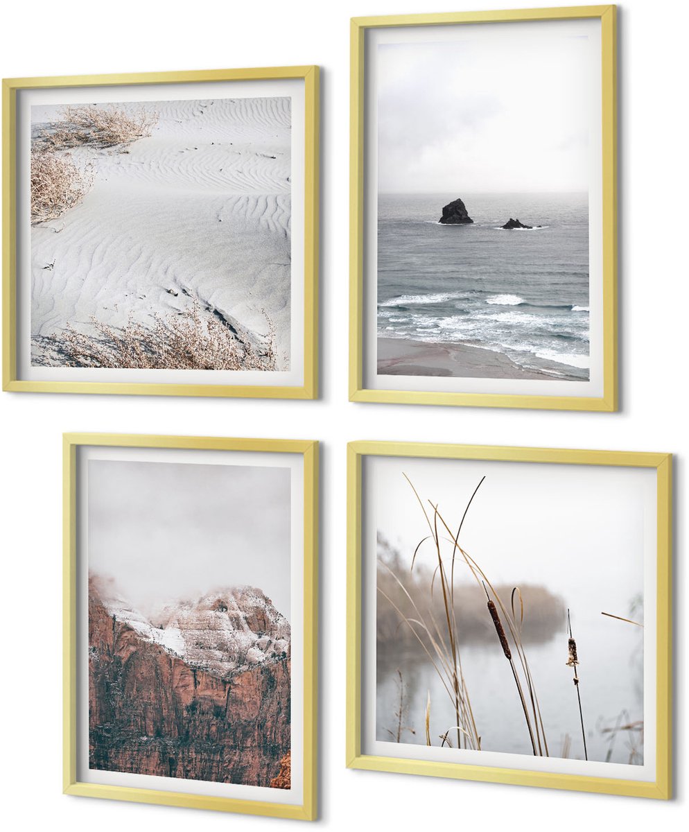 Coloray 4-Delige Schilderij Set - Abstracte golven in grijstinten en pasteltinten - 40 x 40 cm en 40 x 60 cm - Stijlvolle Muurdecoratie - Slaapkamer - Interieur Decoratie