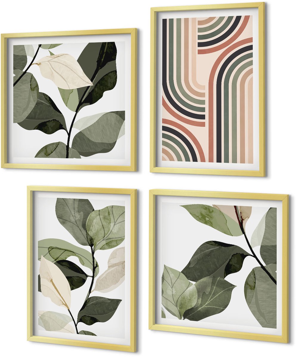 Coloray 4-Delige Schilderij Set - Plantmotieven met geometrische patronen in groene tinten - 40 x 40 cm en 40 x 60 cm - Wanddecoratie - Moderne Interieurdecoratie