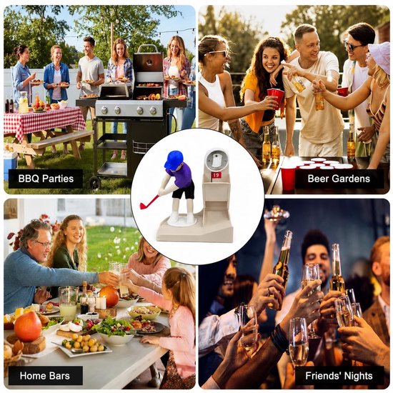 Collage van activiteiten met de golf flesopener: BBQ, biergartens, thuisbars en vriendennachten. Golferfiguur in het midden.