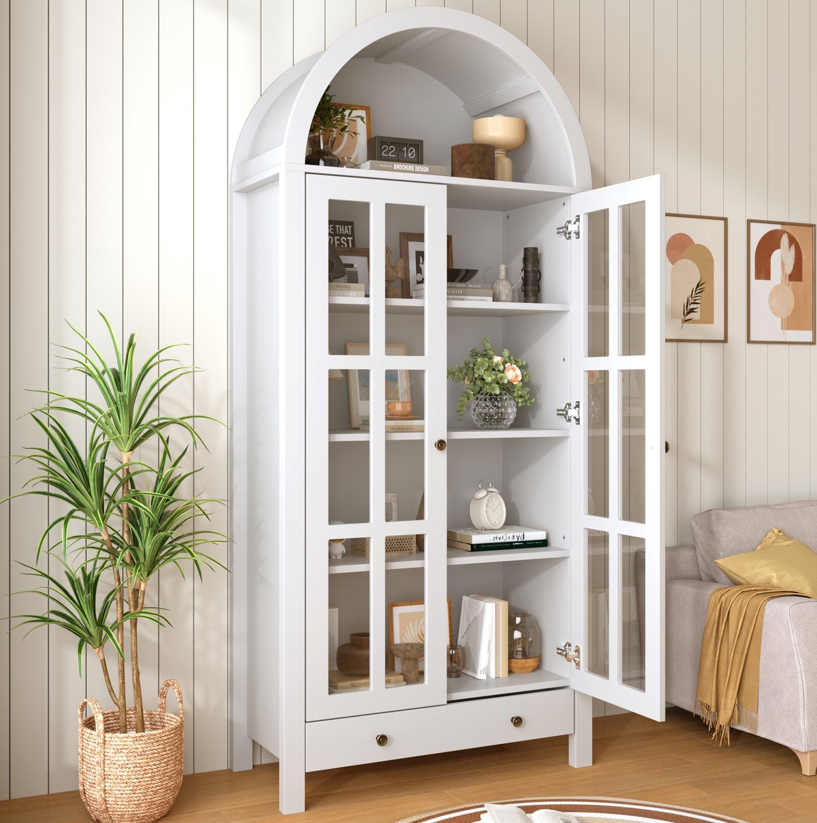 MIVRAY Vitrinekast - Boogvormig Staand Design Met Lade En Verstelbare Planken - Voor Woonkamer En Kantoor - MDF - Wit - 75x35x170,5 Cm