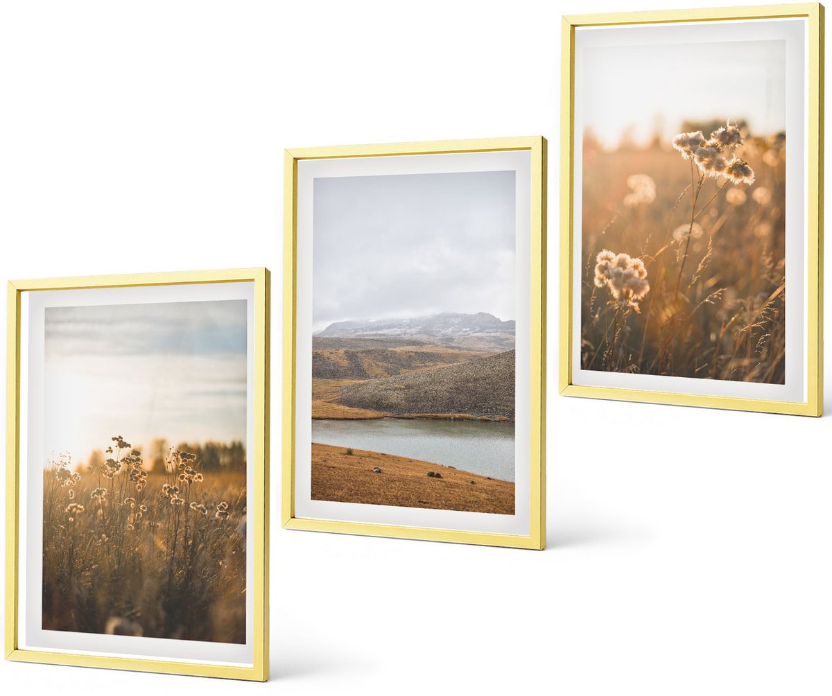 Coloray 3-Delige Schilderij Set - Landschappen Met Weilanden, Bergen En Een Meer Op De Achtergrond. - 40 x 40 cm En 40 x 60 cm - Wanddecoratie - Muurdecoratie - Moderne Interieurdecoratie - Decoratieve Schilderijen