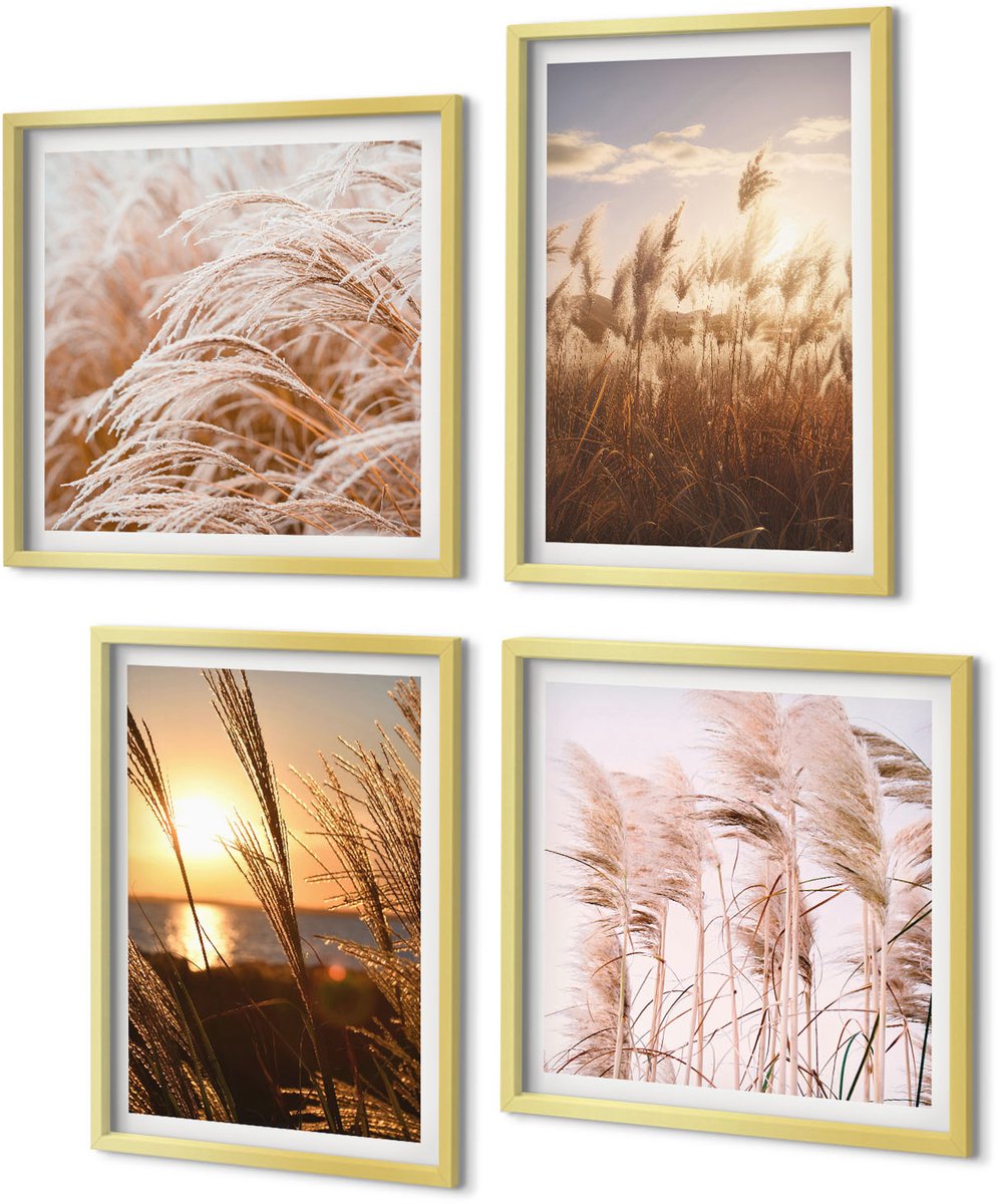Coloray 4-Delige Schilderij Set - Fijne grassen van Boho Fields bij zonsondergang - 40 x 40 cm en 40 x 60 cm - Stijlvolle Muurdecoratie - Slaapkamer