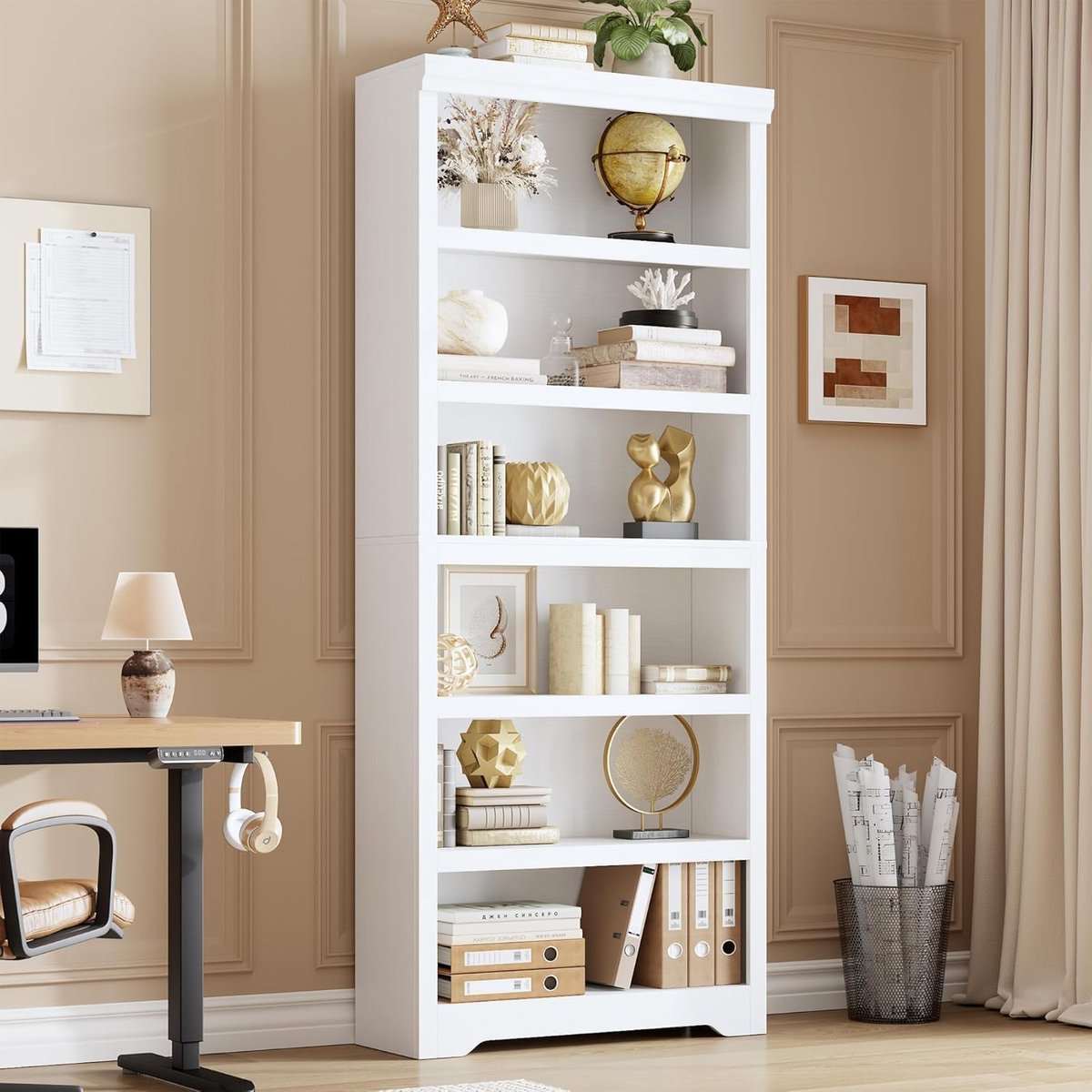 Hoge Boekenkast 6 Lagen - 80x29.5x190cm - Boekenkast Vintage - Verstelbare Planken - Kantelbeveiliging - Open Opbergkast - Voor Woonkamer Kantoor - Wit