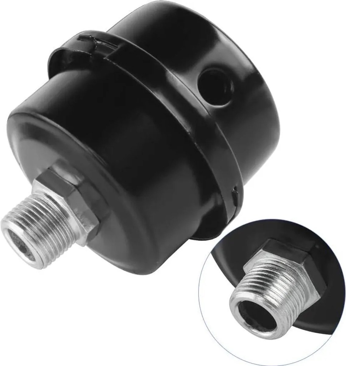 3/8 inch (16 mm) luchtcompressorfilter Geschikt voorgeluiddemper, luchtcompressorinlaatfilter, Geschikt voor gebruik bij de luchtinlaat van de compressor, blokkeert stof en vermindert geluid, zwart.