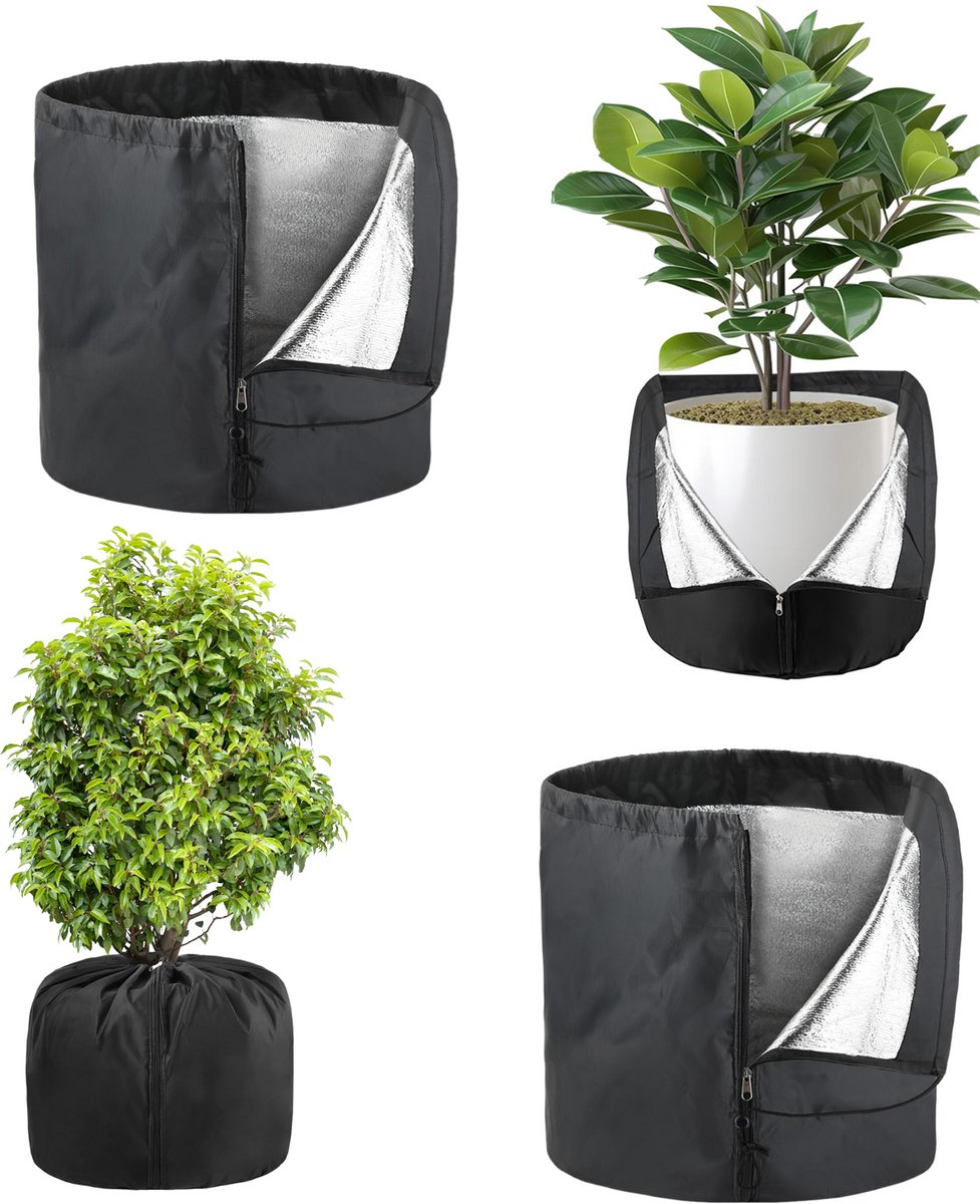 2 stuks - Plantenhoes - Winterbloempotbeschermingszak - Hoes voor potplanten - Beschermhoes voor planten - Met ritssluiting en trekkoord - 45 cm x 50 cm - Zwart - Houdt buitenplanten, bloemen, struiken en bomen warm