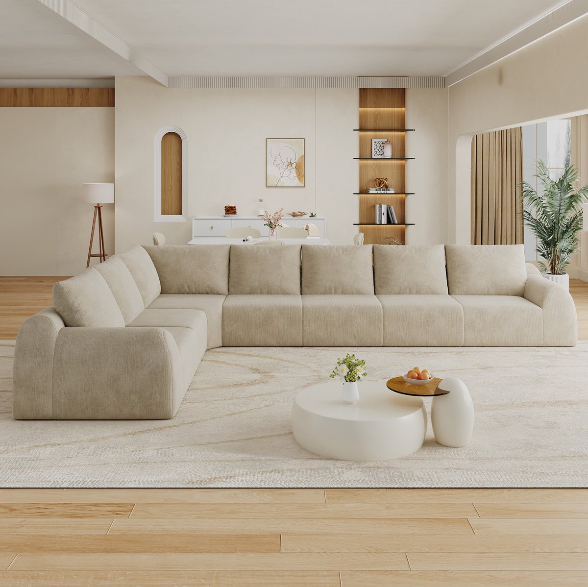 OKWISH Hoekbank 7-Zits – L-Vormige Compressiesofa met Chenille Stof – Geen Montage Nodig – Voor Woonkamer en Appartement – Khaki