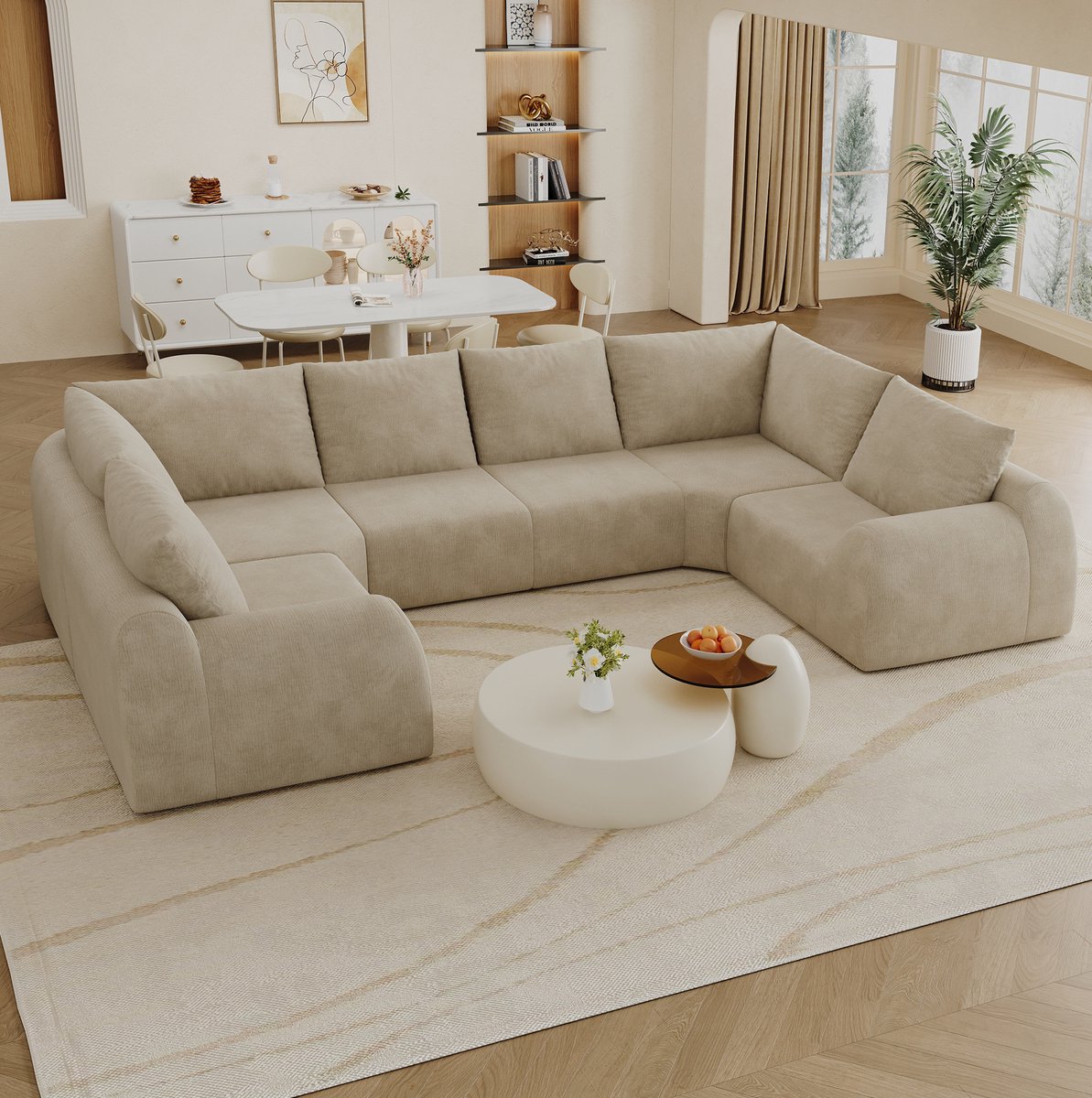 OKWISH U-bank 6-zits 344 cm - Zonder Binnenframe met Hoog Veerkrachtig Schuim en Chenille - Voor Woonkamer en Appartement - Khaki