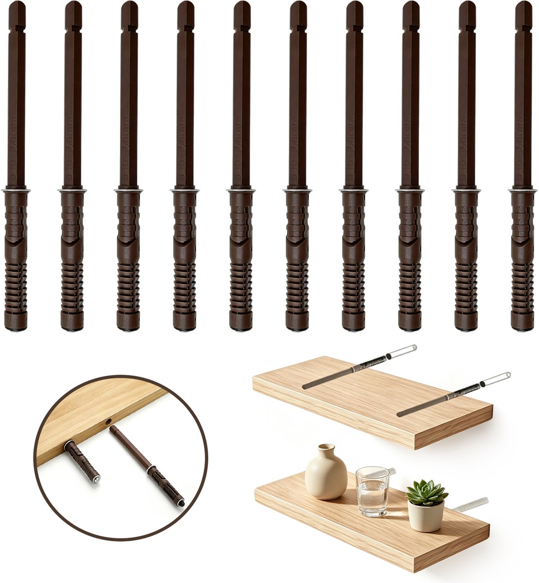 Plankdragers – Set van 10 onzichtbare dragers voor zwevende planken – Diameter 10 mm x lengte 100 mm – Wandmontage – Geschikt voor doe-het-zelfprojecten – Onzichtbare plankdragers – Set van 10 – Totale lengte 175 mm