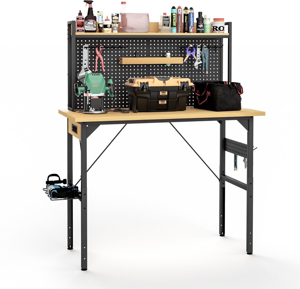Werkbank - met in hoogte verstelbaar en opbergruimte - zwart en naturel - afmetingen 120 x 60 x 155,5 cm - voor een praktische werkplek